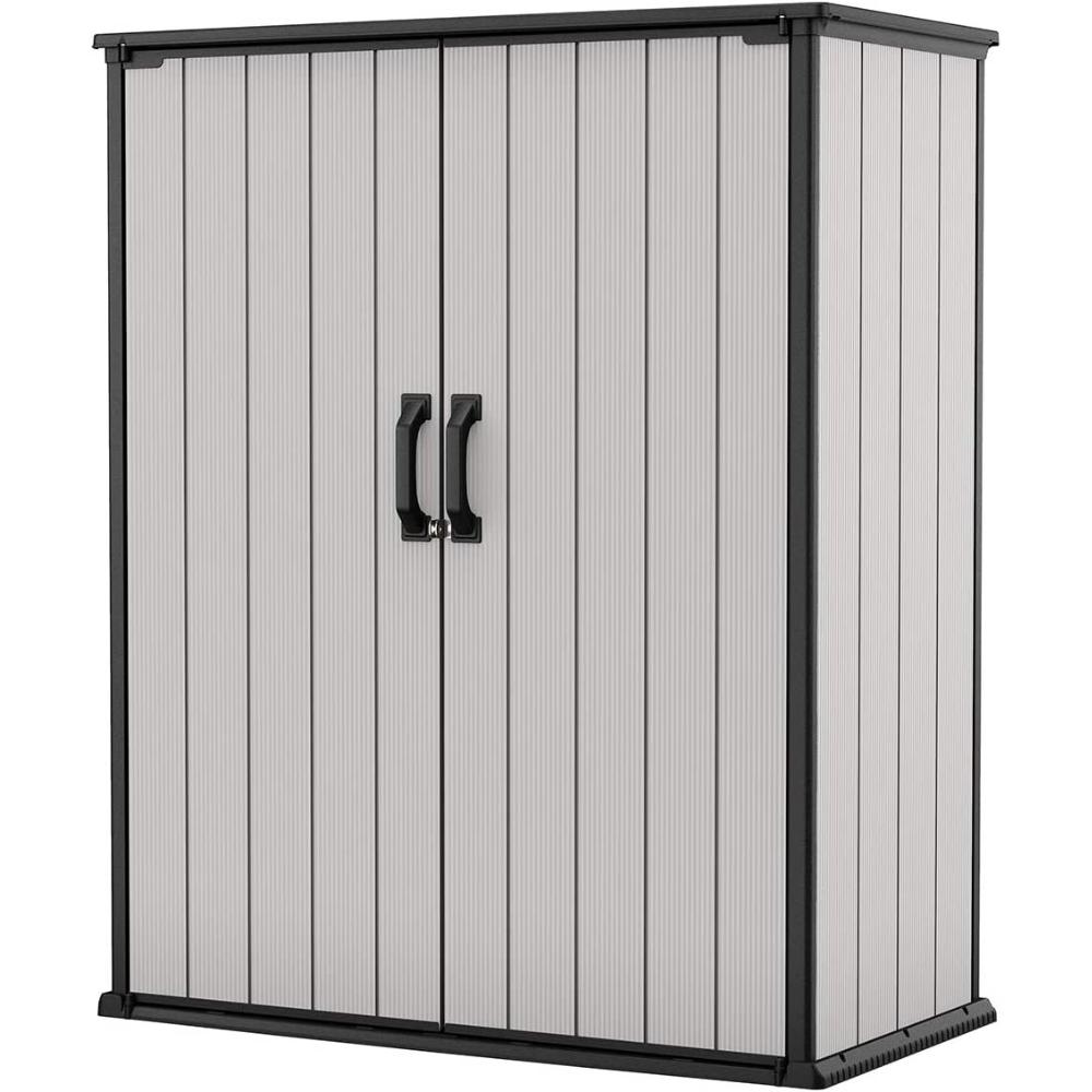 An outdoor resin storage shed beside a garden path